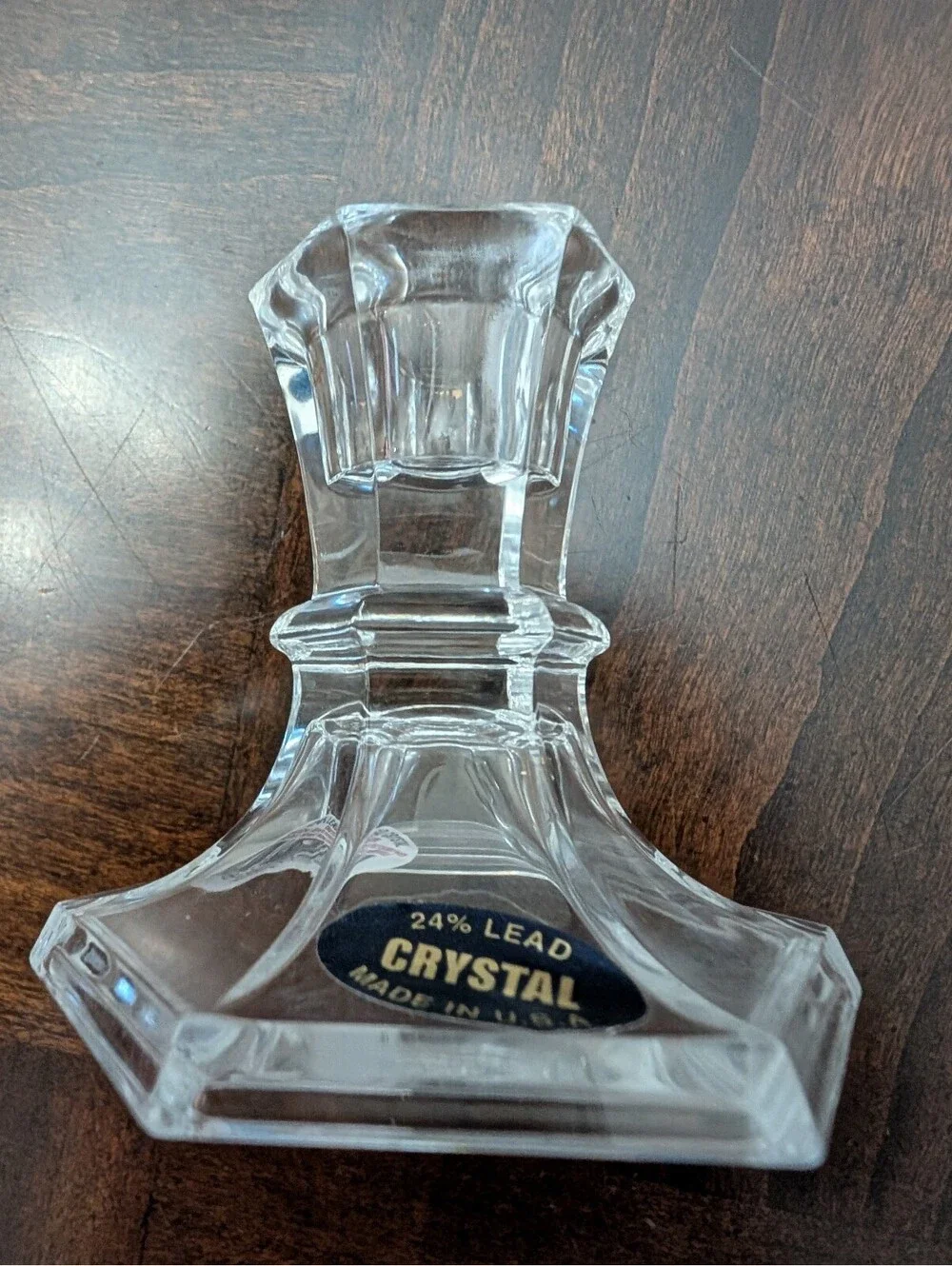 Set of 2 Hexagon Base 24% Lead Crystal Taper Candlesticks Made in U.S.A.